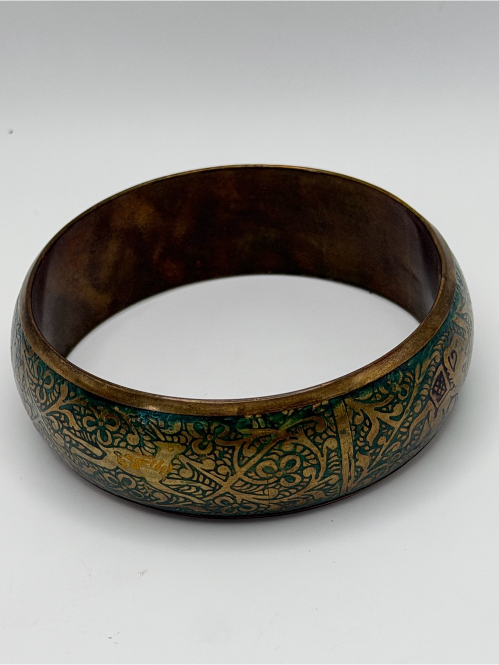 VTG EthBrass Green Enamel Bangle Bracelet Etched Elephant Deer Animal Motif